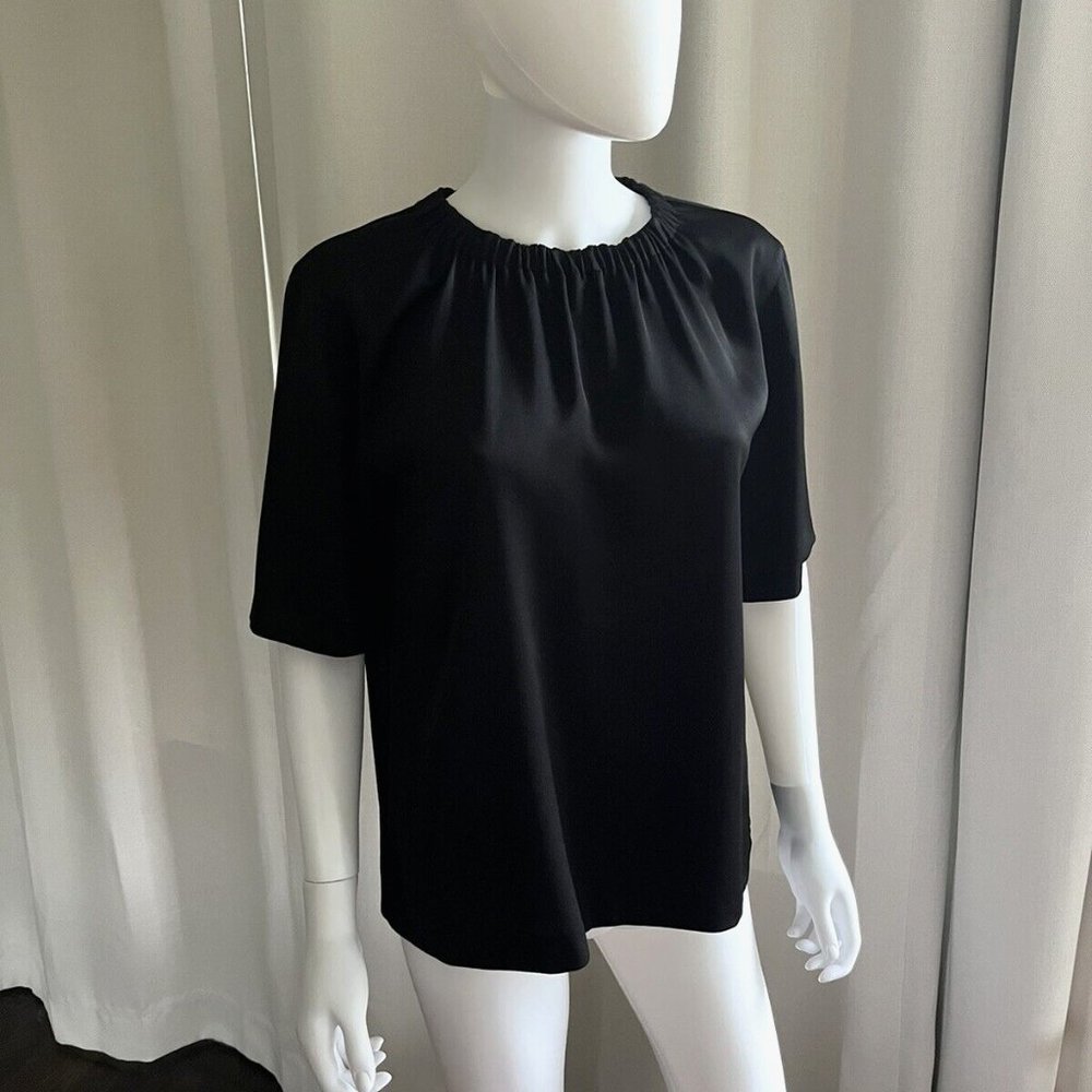 Vince Black Gathered Jewel Neck Short Sleeve Blouse